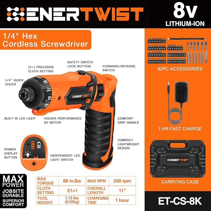 ENERTWIST 8V Cordless Electric Screwdriver, 21+1 Cluth, Dual Position Handle - Image 2