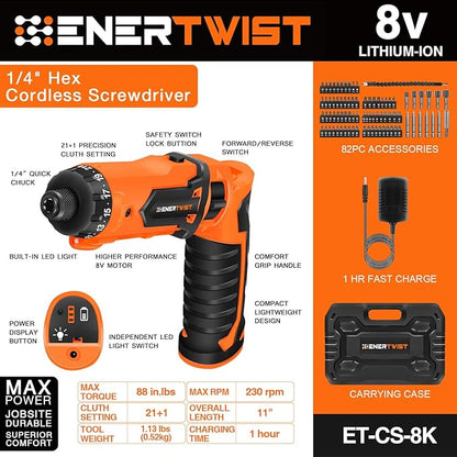 ENERTWIST 8V Cordless Electric Screwdriver, 21+1 Cluth, Dual Position Handle - Image 2