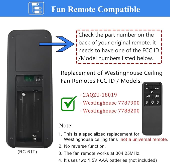 Replacement Remote for Westinghouse Ceiling Fan Remote 7787900 7788200 - Image 2