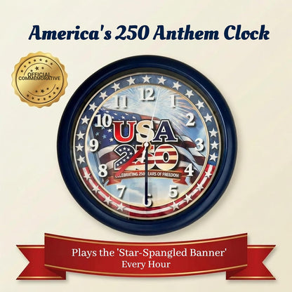 Wall Clock, America 250 Musical Anthem, Battery, Blue | 10-inch Analog Clock, Patriotic Design, Silent Hours Programmable, Plays Star-Spangled Banner | Batteries Not Included