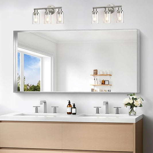 Silver Bathroom Mirror, 24x48 Inch Rectangular Framed Mirror, Large Wall by Unknown