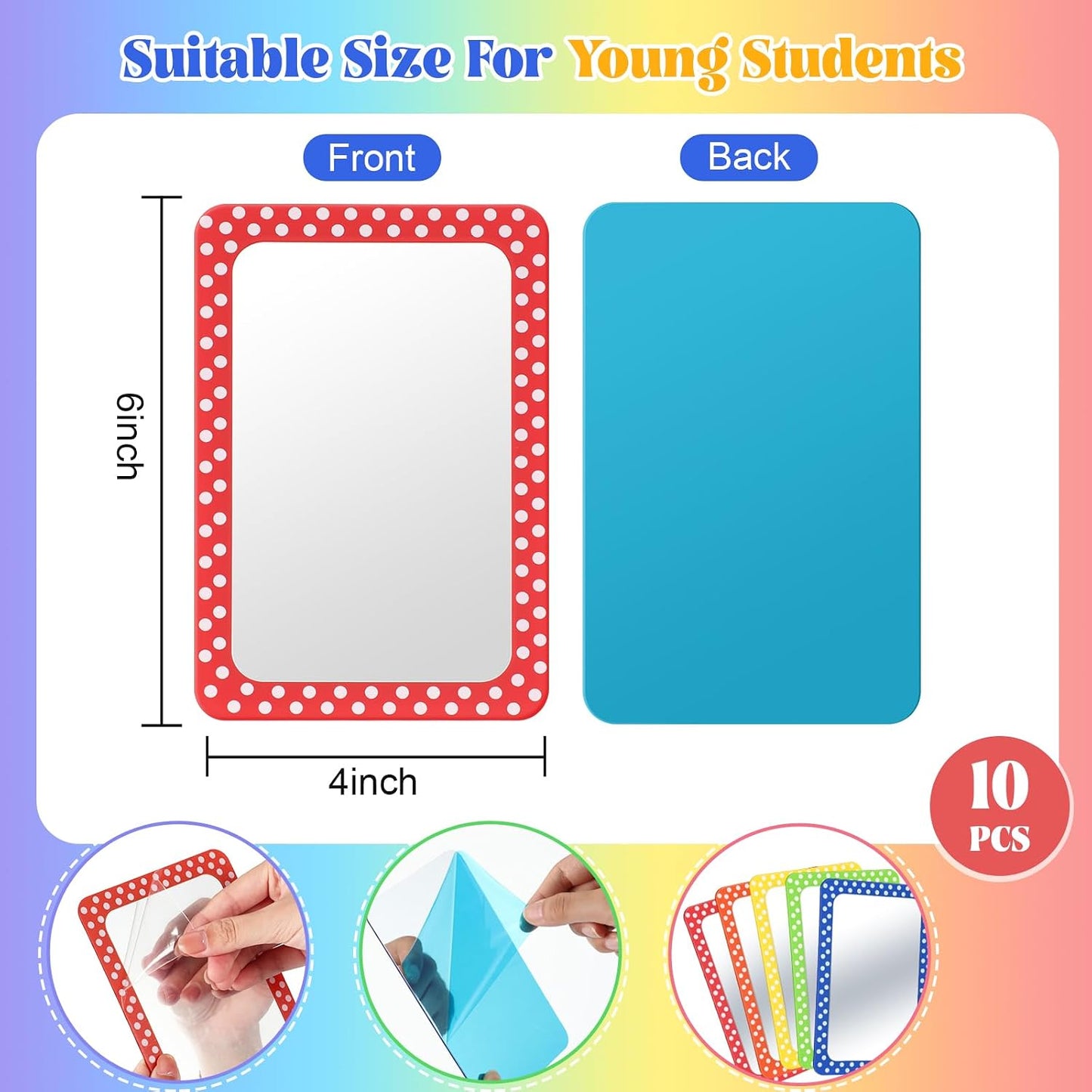 10 Pcs Non Breakable Acrylic Mirror for Kids - 6x4" Bulk Small Pastel Shatterproof Plastic Locker Mirror with Round Corners for School Classroom, Sel, Phonics, DIY Crafts (Classic Colors)