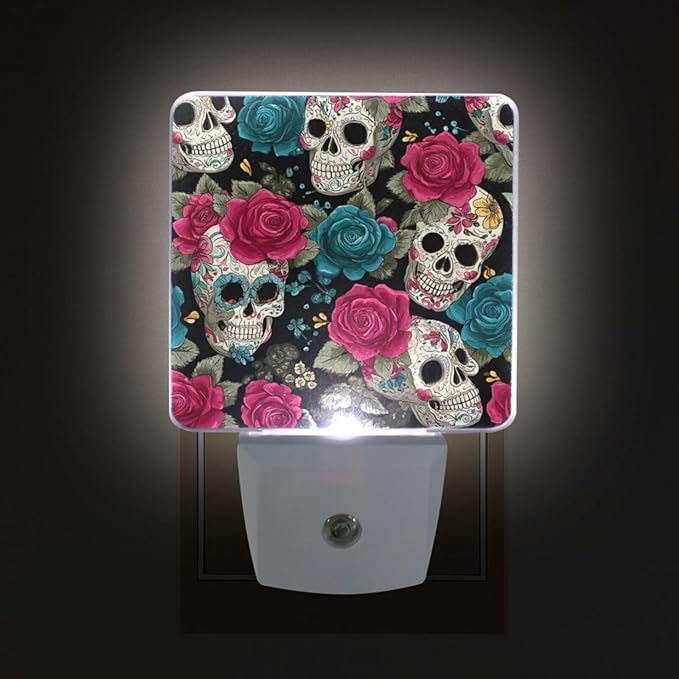Pigsaly Led Night Light Halloween Sugar Skulls Pink Blue Roses Night Light Plug - Image 4