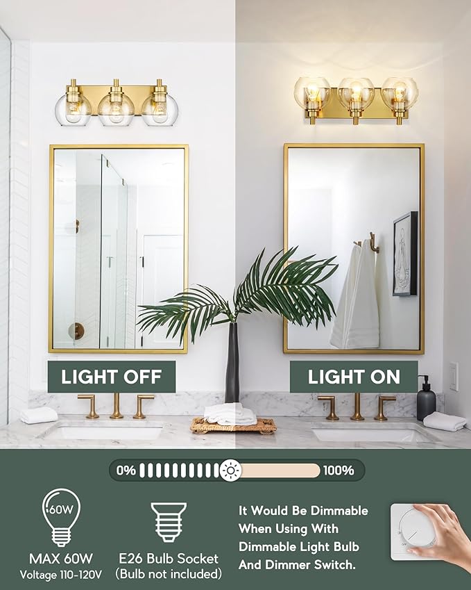 METWET Bathroom Light Fixtures, 3-Light Brushed Gold Vanity Light, Modern Wall - Image 2