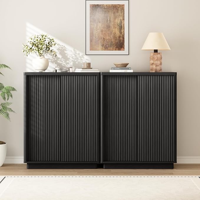 Fluted Shoe Cabinet with Sliding Door Set of 2, 6-Tier Large Hidden Storage by WINWY