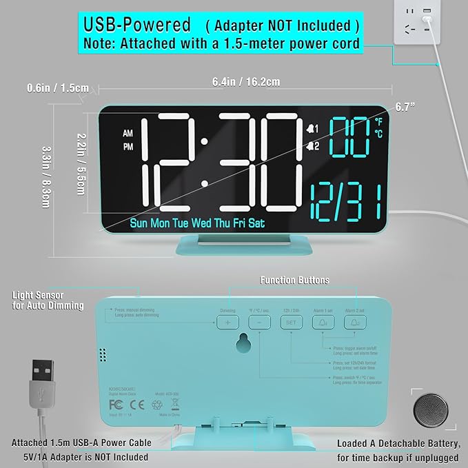 KOSUMOSU Digital Alarm Clock, 6.7in Digital Clock - Image 6