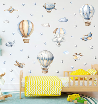 Watercolor Hot Air Balloon Wall Sticker Airplane Cloud Vinyl Decal | Watercolor Hot Air Balloon Wall Stickers, DIY Airplane Clouds Vinyl Decals for Kids Bedroom Playroom Toddler Room Decor