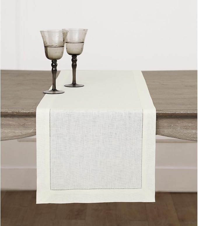 Solino Home Linen Ivory Table Runner 60 Inches - Classic Hemstitch, 100% Pure...