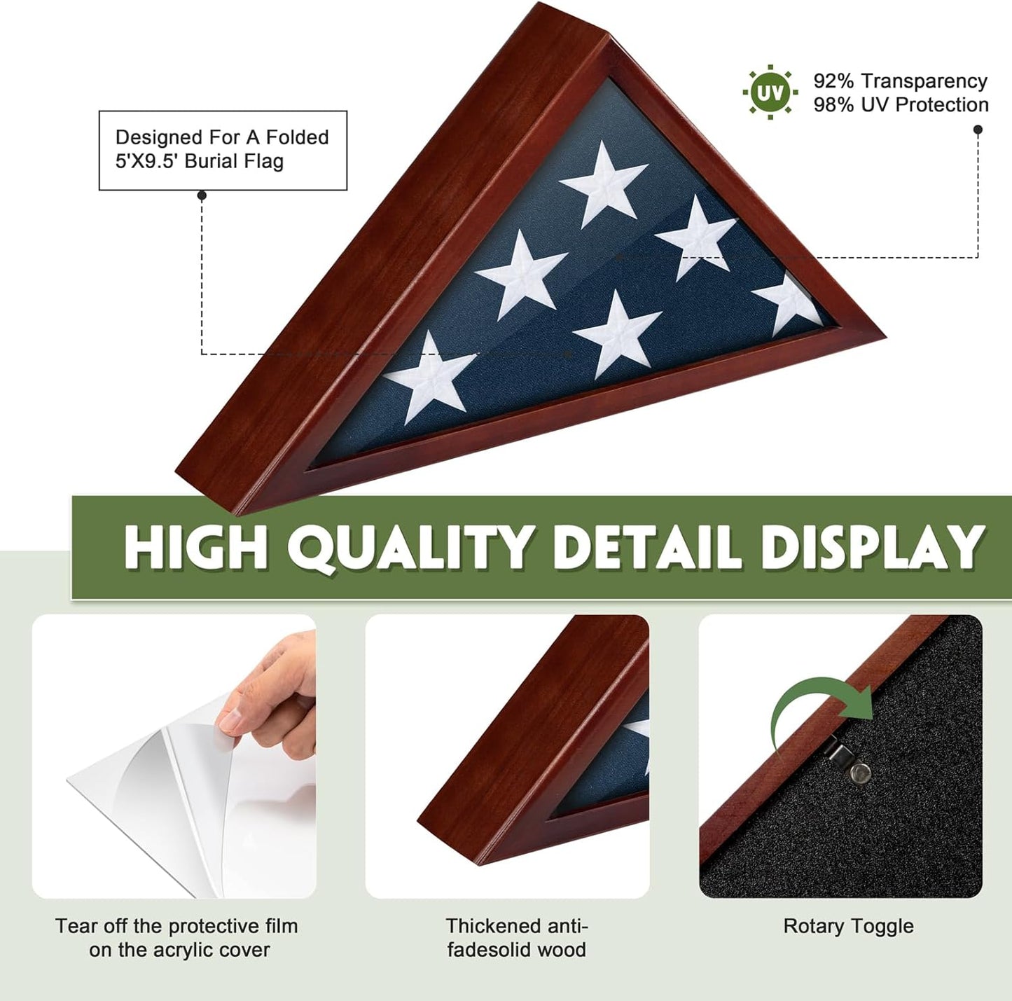 Flag Case for Burial Flag Glass Front, Red Wood for 5'x9.5' Funeral Flag | Memorial Flag Shadow Box for Military Veterans with Glass Covered and Wall Mounted