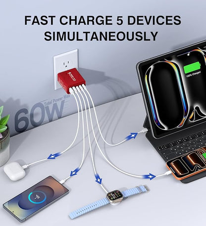 2Pack USB C Fast Charger Block, 60W 5-Port Type C Wall Charger Brick, 2 USB A - Image 2