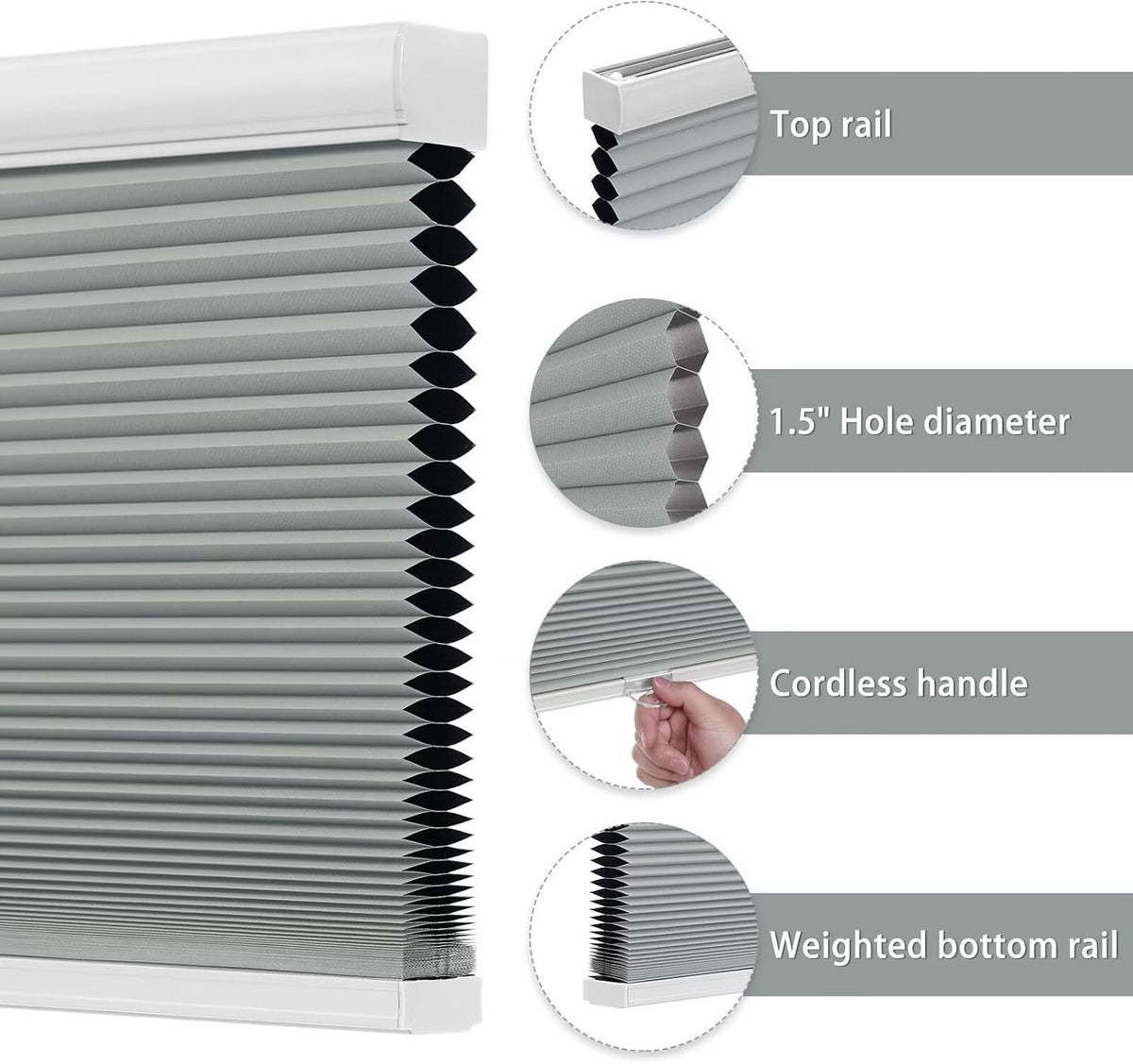 Cordless Cellular Shades, Blackout Room Darkening Black Out Honeycomb Blinds for Indoor Windows Bedroom, Pull Down Pleated Accordion Blind Easy Install, Shade Size 24" Wx50 H, Gray