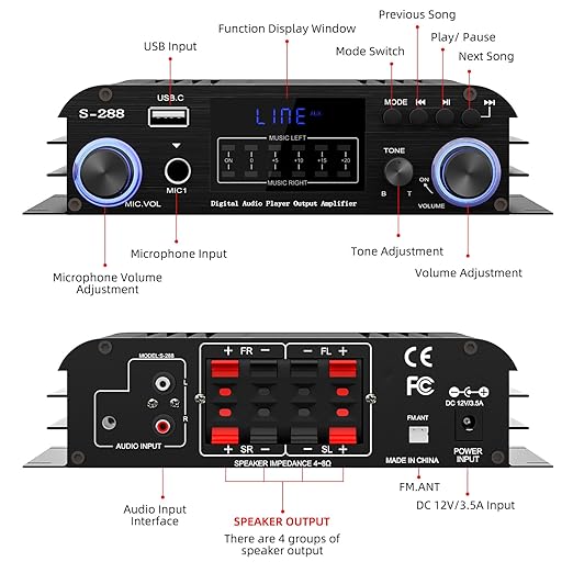 Facmogu S-288 4 CH Bluetooth 5.0 Home Audio Amplifier, RMS 45Wx4, Max 600W HiFi - Image 3