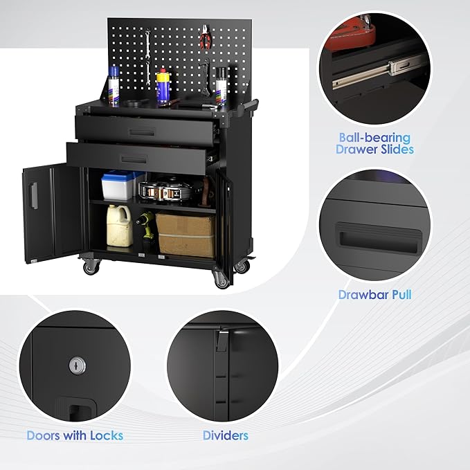 SUXXAN Black Tool Cart with Pegboard and 4 Hooks, Garage Storage Cabinet on - Image 4