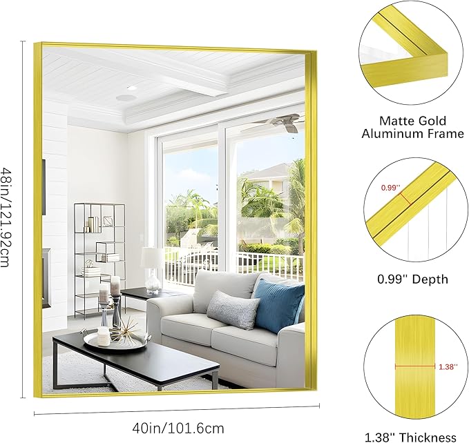 Gold Bathroom Mirror, 40x48 Inch Rectangular Framed Mirror, Large Wall Mounted - Image 3