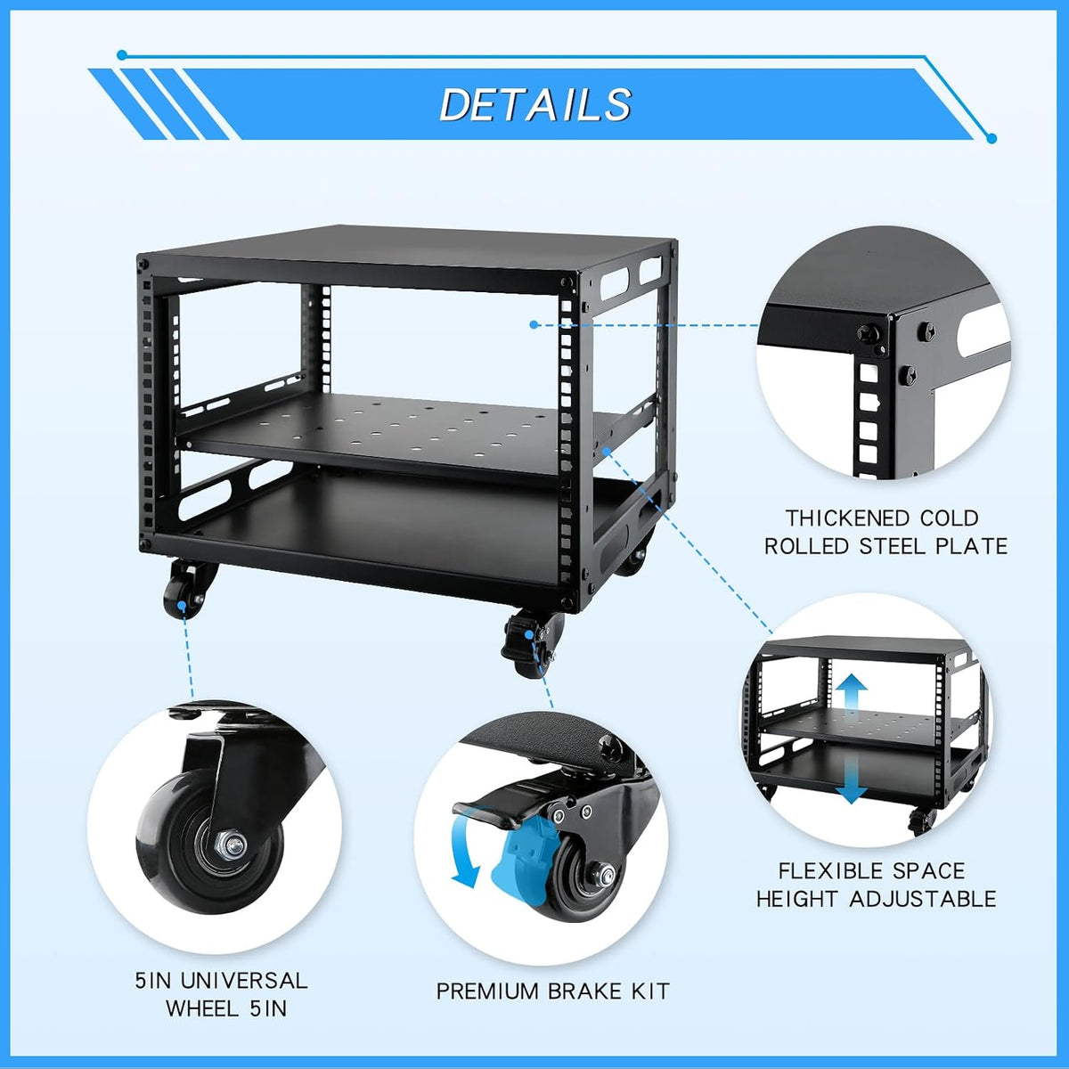 6U Open Frame Server Rack with Wheels Free Standing Network Server Rack for S...