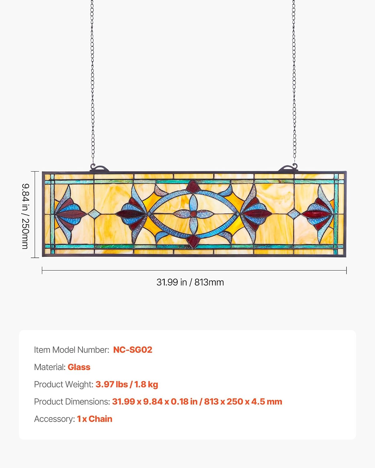 VEVOR Stained Glass Window Panel, 32 x 10 in, Tiffany Style Hanging Transom Window Panel with Chain, Large Horizontal Rectangle Stain Glass, Vintage Traditional Art Handcrafts for Kitchen Home Decor