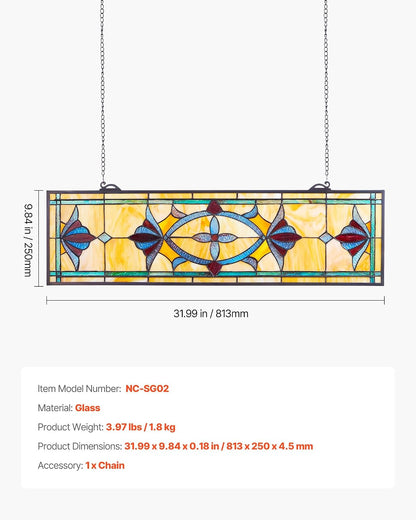 VEVOR Stained Glass Window Panel, 32 x 10 in, Tiffany Style Hanging Transom Window Panel with Chain, Large Horizontal Rectangle Stain Glass, Vintage Traditional Art Handcrafts for Kitchen Home Decor