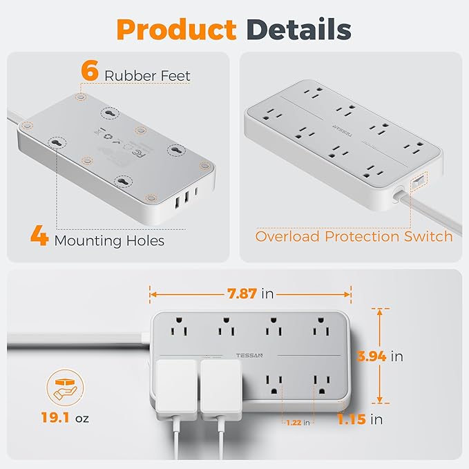 TESSAN Flat Plug Extension Cord 6 FT, Surge Protector Power Strip - Image 8