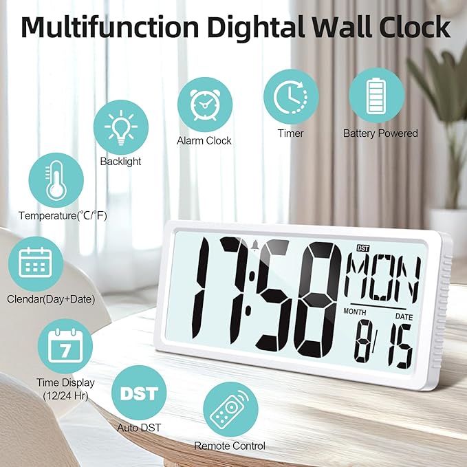 XREXS Large Digital Wall Clock Battery Operated - Image 3