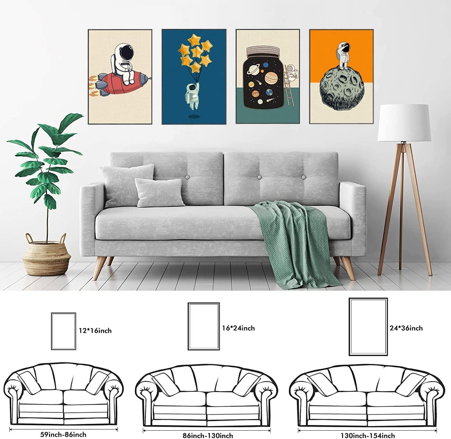 Framed Space Room Decor, 4 Piece Canvas Wall Art, 12x16 Inch | Space Room Boho Large Wall Decor Astronaut Rocket Planet Painting Prints Inspirational Art for Living Room Bathroom Bedroom
