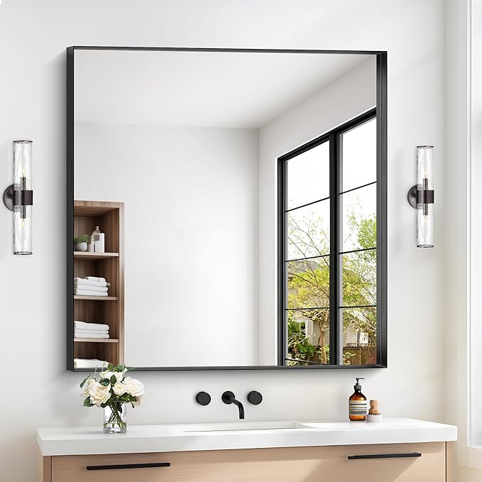 Black Bathroom Mirror, 42x42 Inch Rectangular Framed Mirror, Large Wall Mounted - Image 2