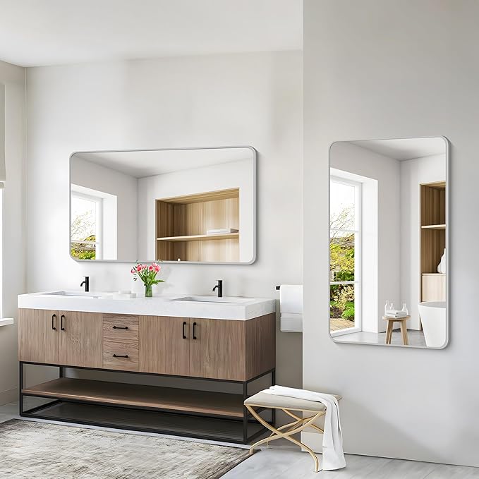 48x30 Inch Silver Bathroom Mirror, Metal Framed Silver Rectangle Mirrors - Image 7