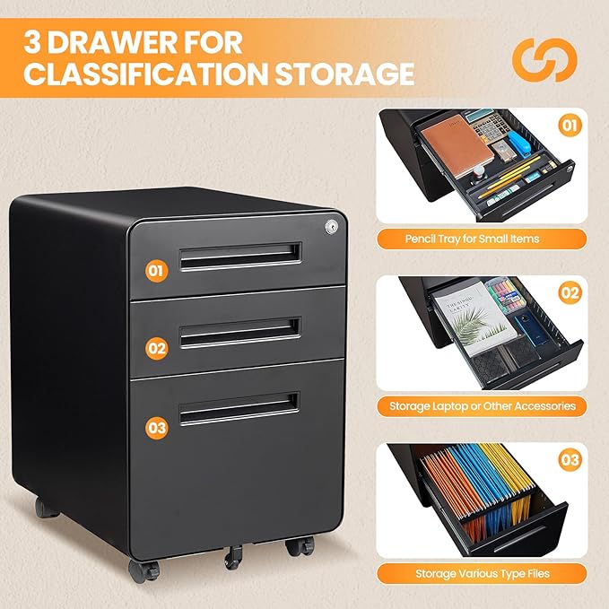 3 Drawer File Cabinet, Fully Assembled Mobile File Cabinets - Image 7