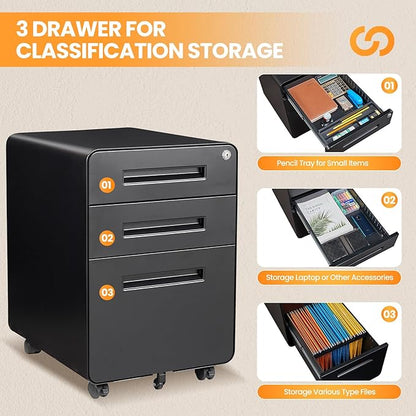 3 Drawer File Cabinet, Fully Assembled Mobile File Cabinets - Image 7