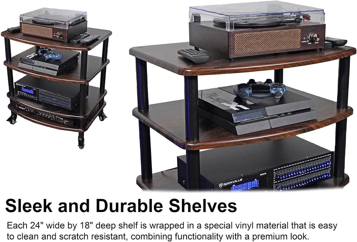 Rockville FLX Dark Wood Adjustable Height 4 Shelf Home Theater Audio Rack