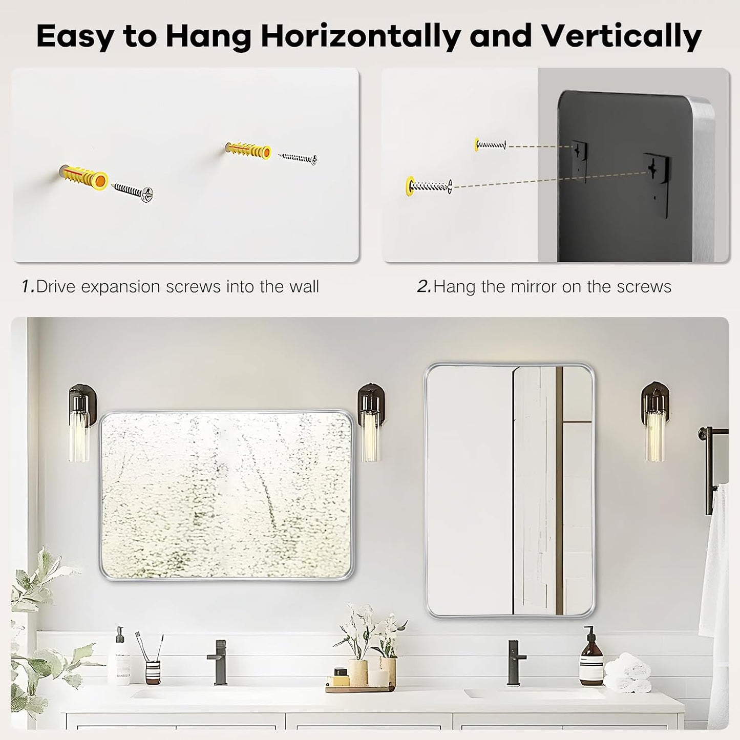 Bathroom Vanity Mirror Over Sink 24x36, Silver Wall Brushed Nickel Mirror | Rosynee Matte Metal Chrome Framed Rectangle Large Mirror for Restroom, Bedroom, Entryway Decor, Wall Mounted
