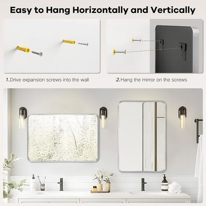 Bathroom Vanity Mirror Over Sink 24x36, Silver Wall Brushed Nickel Mirror | Rosynee Matte Metal Chrome Framed Rectangle Large Mirror for Restroom, Bedroom, Entryway Decor, Wall Mounted