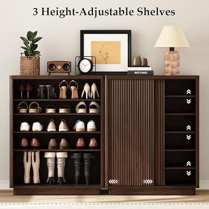 Fluted Shoe Cabinet with Sliding Door Set of 2, 6-Tier Large Hidden Storage - Image 4