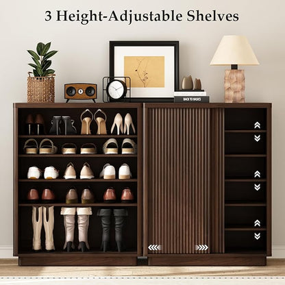 Fluted Shoe Cabinet with Sliding Door Set of 2, 6-Tier Large Hidden Storage - Image 4