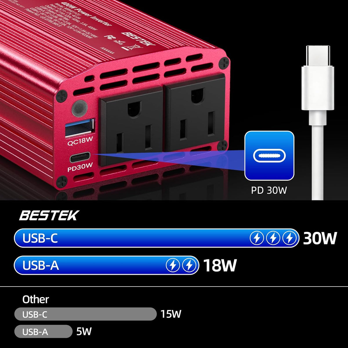 BESTEK 400W Car Power Inverter 12V to 110V Car Charger Plug Adapter[Red]