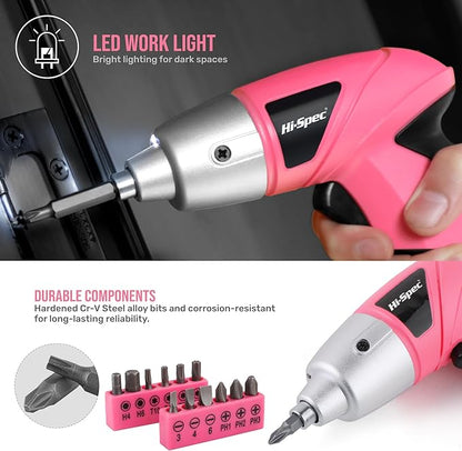Hi-Spec Electric Screwdriver 19pc 3.6V Pink USB Small Power Screwdriver Set. - Image 4