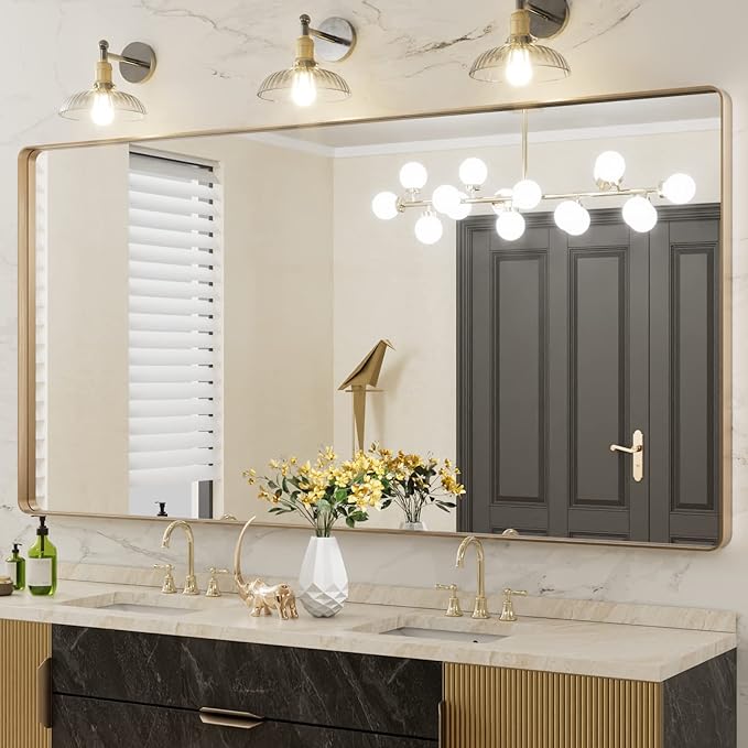 LOAAO 72”X36” Gold Bathroom Mirror, Rounded Rectangle Gold Frame Mirror by LOAAO