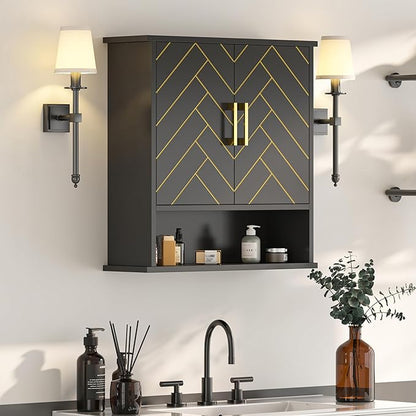 Black Chevron Pattern Bathroom Wall Cabinet, Modern Hanging Medicine Cabinet by Mepplzian