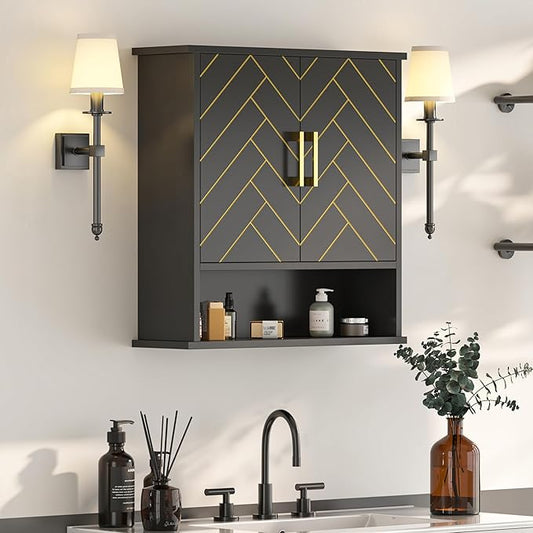Black Chevron Pattern Bathroom Wall Cabinet, Modern Hanging Medicine Cabinet by Mepplzian