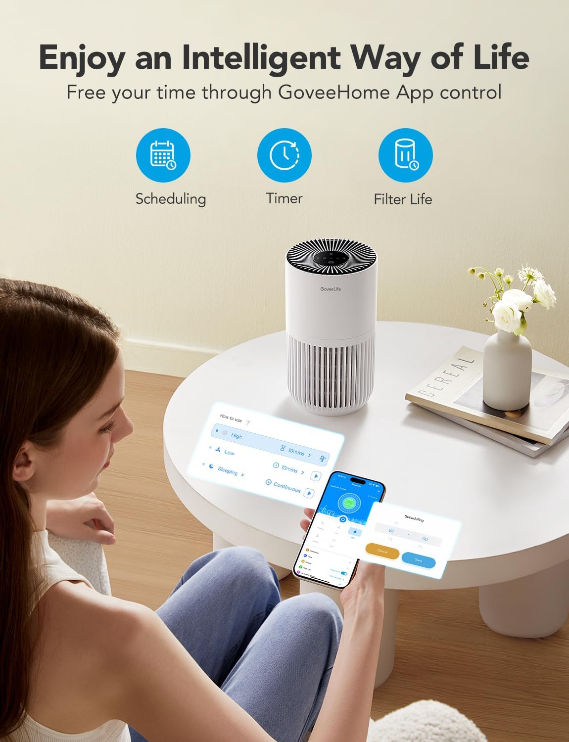 goveelife smart mini air purifier for bedroom, with, close-up detail