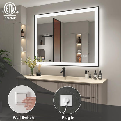 SMIROR 48x40 Black Framed LED Lighted Bathroom Vanity Mirror for Wall | Front Lit and Backlit, 3 Color Lighting, Anti-Fog, Memory, Tempered Glass, Rectangle, Horizontal/ Vertical Mounted
