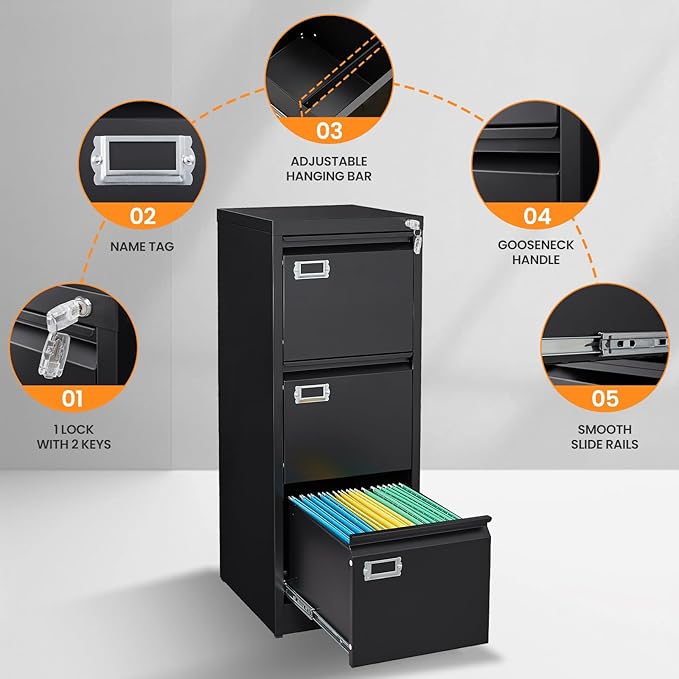 3 Drawer File Cabinet with Lock, Metal Filing Cabinets - Image 6