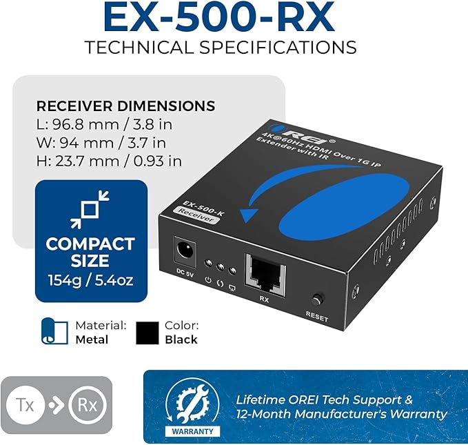 OREI Receiver only for EX-500-K 4K HDMI Extender Over IP CAT6 by One to Many - Image 5