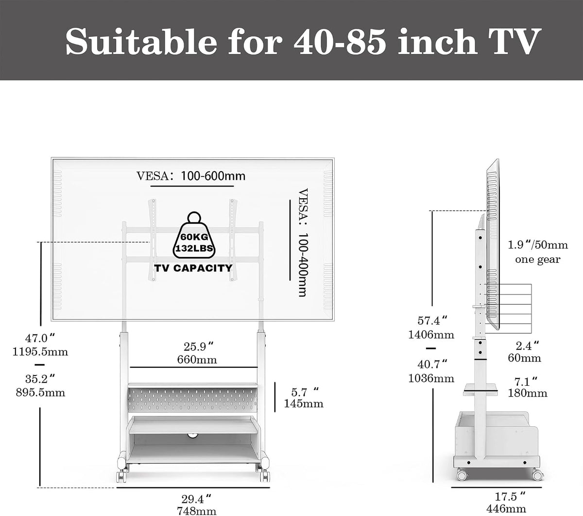 FITUEYES Rolling TV Floor Stand for 40-85in TVs, Height-Adjustable, Walnut