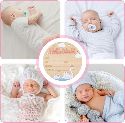 Birth Announcement Sign, 15cm/5.91in Wooden Hello World Newborn Sign Welcome Baby Board Baby Name Plaque for Home Hospital Photo Prop Nursery Decor (Swan Style)