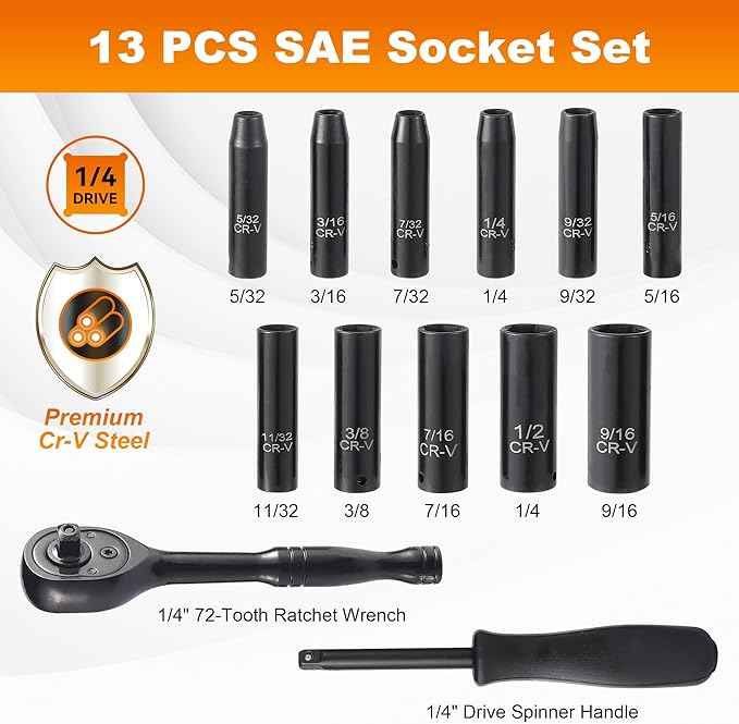 13-Piece 1/4" Drive Socket Set, Deep Sockets, 72-Tooth Ratchet Wrench, Drive - Image 2
