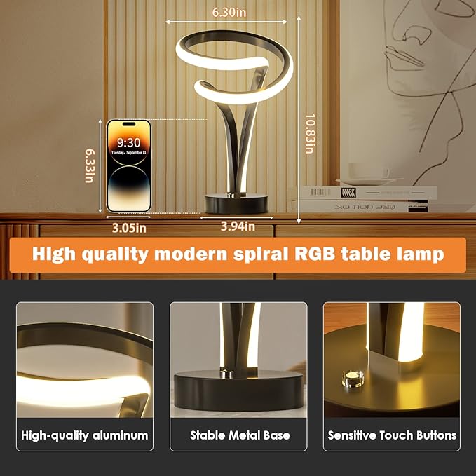 airnasa Modern Spiral RGB Table Lamp, 7 Colors 10 Light Modes LED, Touch - Image 5