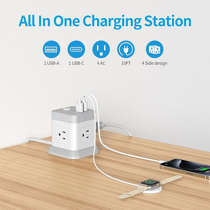 Power Strip with USB C, FDTEK Desktop Power Cube Strip, 10 FT Extension Cord - Image 2