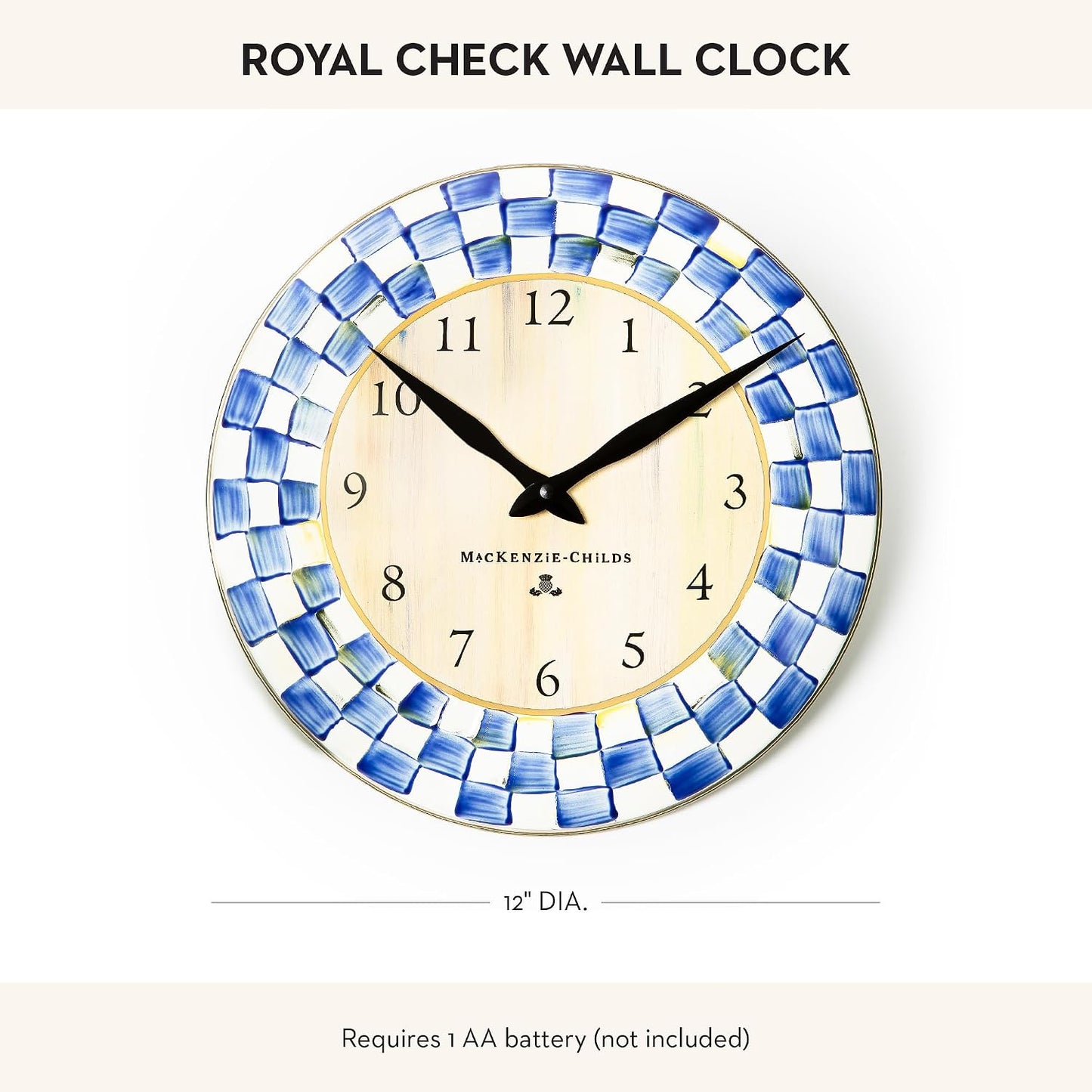 MACKENZIE-CHILDS Wall Clock, Blue-and-White Royal Check | Hand-painted design, made from enameled steel, decorative room clock, requires one AA battery (not included), 12" dia.