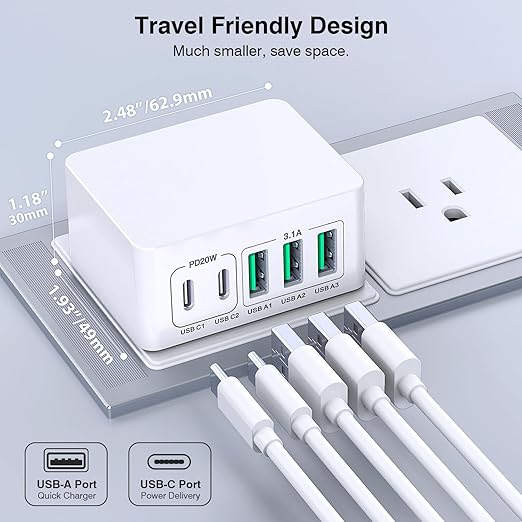 USB C Charger Block Thin Flat 50W 5-Port Wall Charger 2-Pack Type C Fast - Image 7