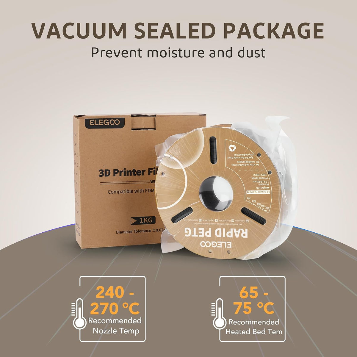elegoo rapid petg 3d filament bundle 1.75mm black/white/beige/brown, package contents